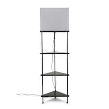 ValueLights Taska Black Wooden 3 Tier Corner Floor Lamp with Grey Fabric Shade and Storage Shelves - Bulb Included | Black