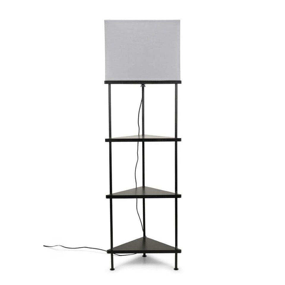 image 1 of ValueLights Taska Black Wooden 3 Tier Corner Floor Lamp with Grey Fabric Shade and Storage Shelves - Bulb Included | Black