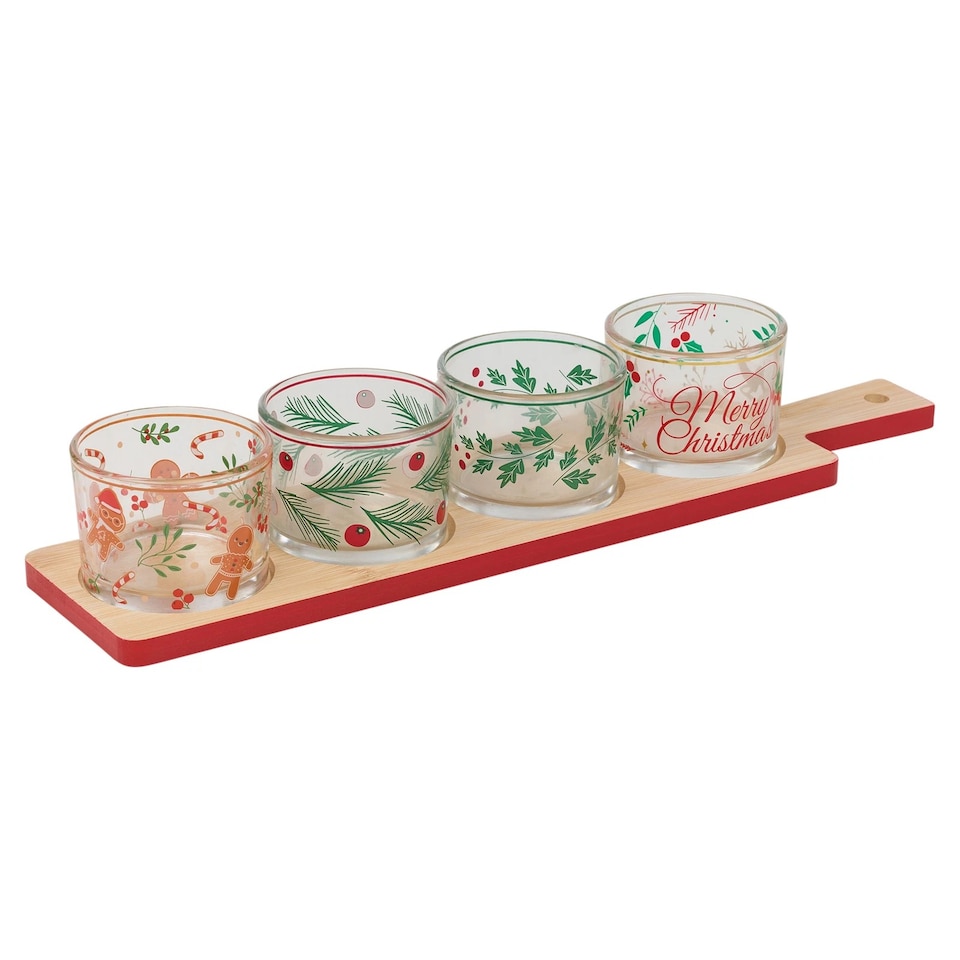 image 1 of 5Pc Decorative Christmas Serving Set Bamboo Tray Festive Glass Serving Bowl Gift