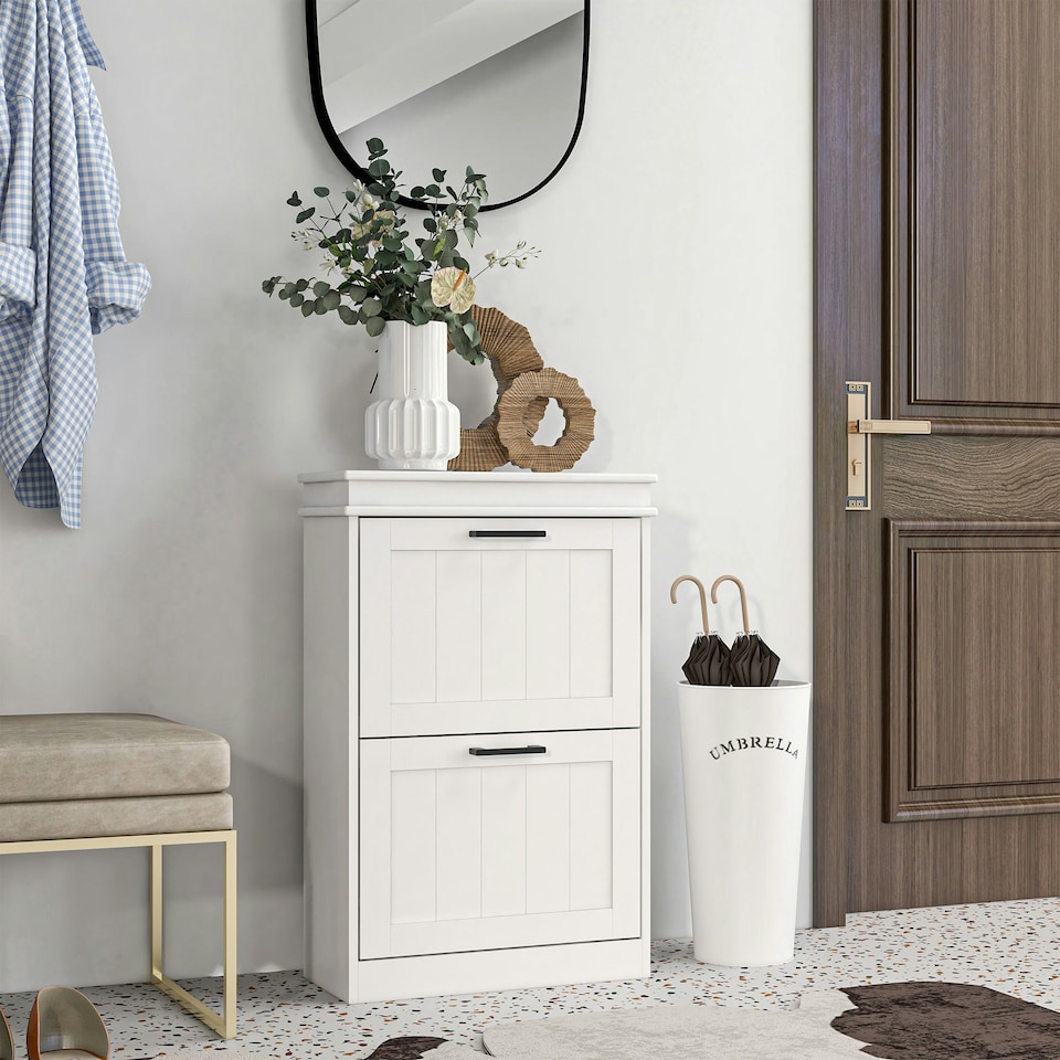 image 1 of HOMCOM Slim Shoe Storage Cabinet with 2 Flip Drawers, White