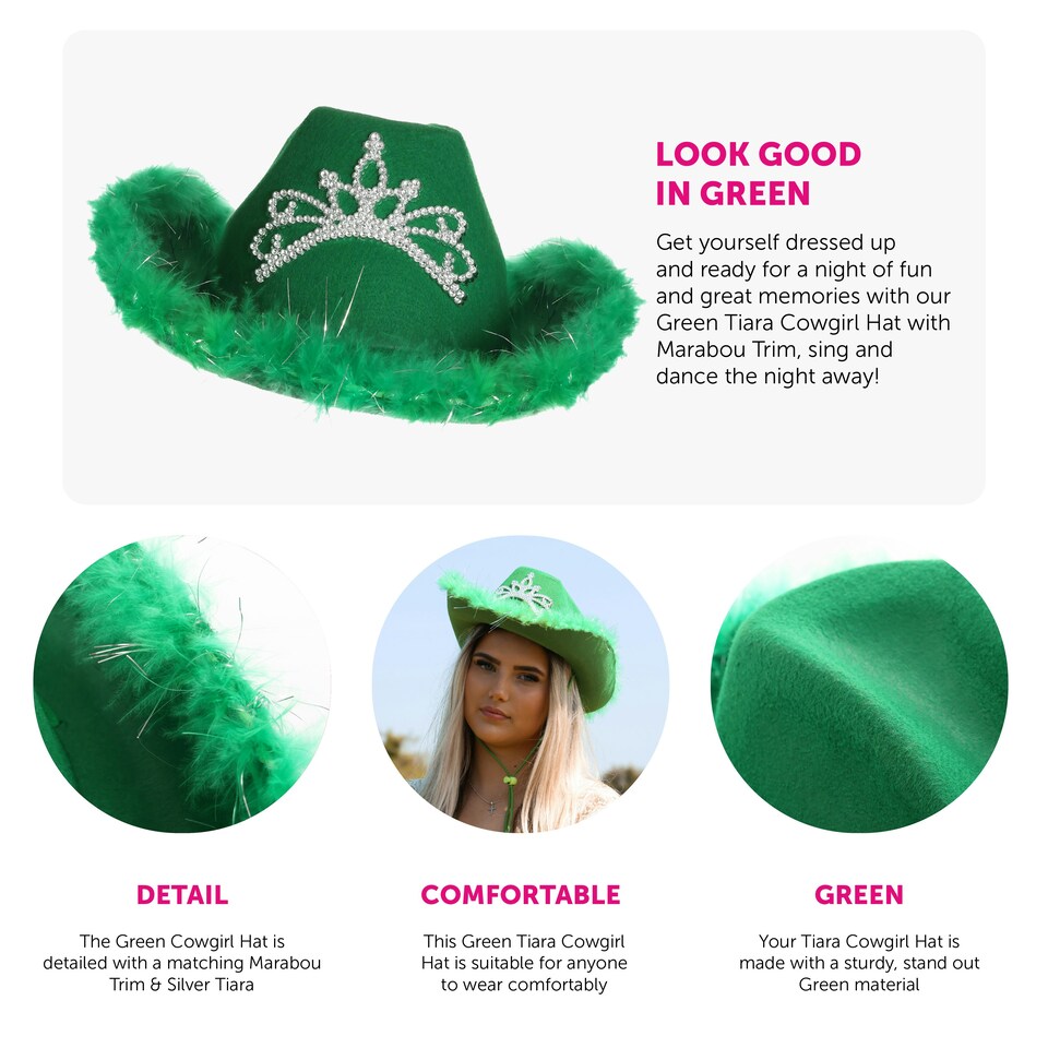 image 1 of Green Cowboy Hat with Marabou Trim & Tiara – Fancy Dress Accessory Green | One Size