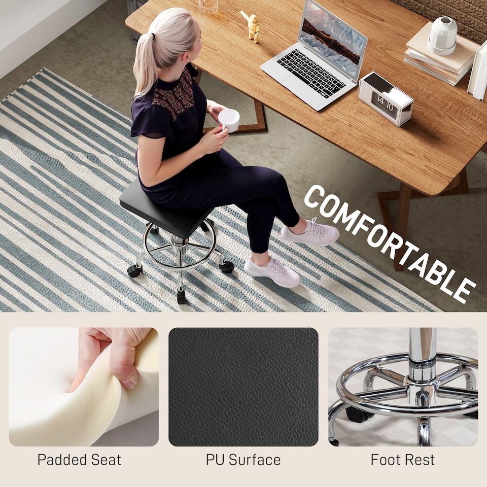 image 1 of HOMCOM Square Rolling Stool, Height Adjustable PU Leather Salon Chair with Padded Seat and Foot Rest, Swivel Beauty Stool on Wheels for Spa Drafting Salon Tattoo Work Massage, Black | Black | Black | 1