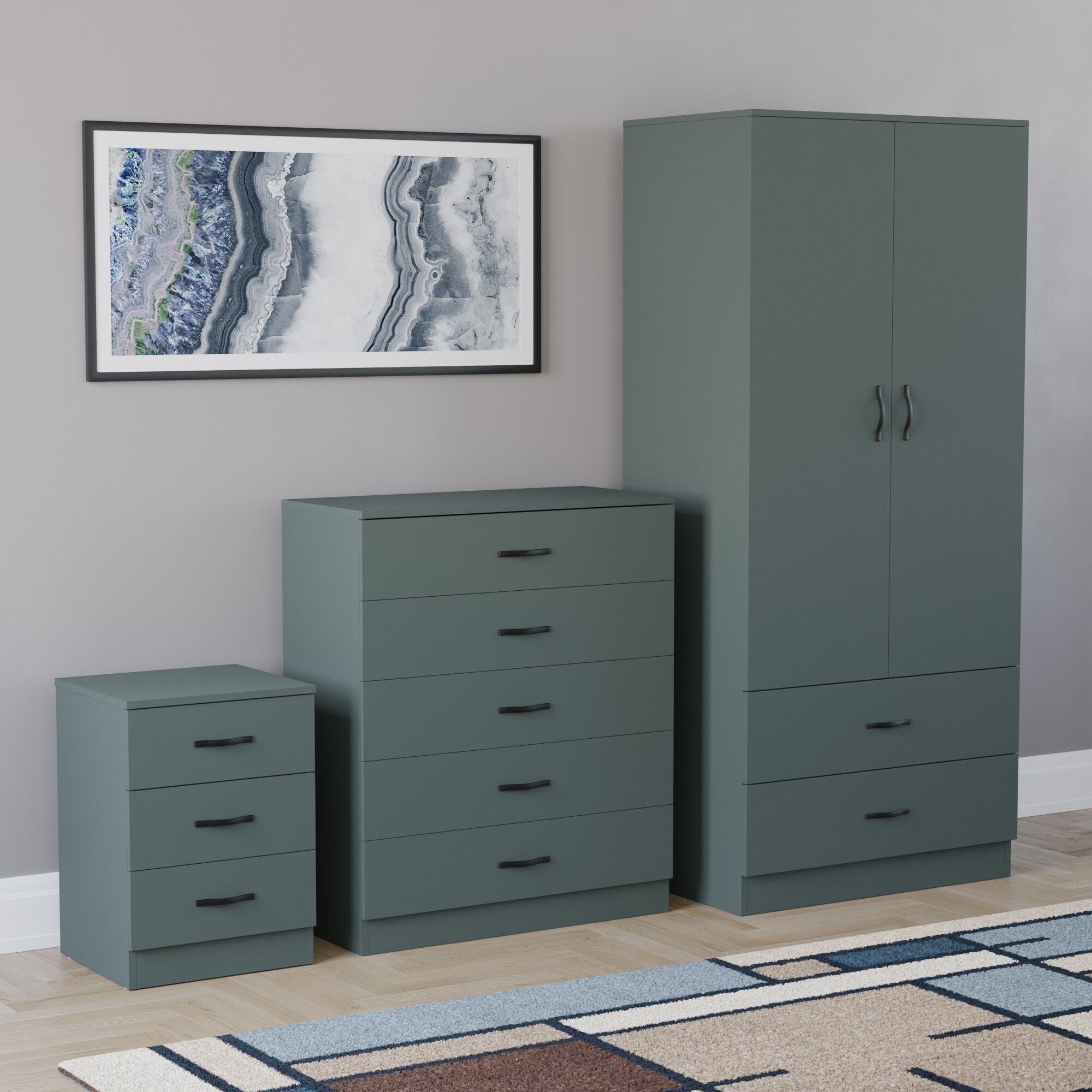 Vida Designs Riano 3 Piece Bedroom Set (3 Drawer Bedside Chest, 5 Drawer Chest, 2 Door 2 Drawer Wardrobe) - Green