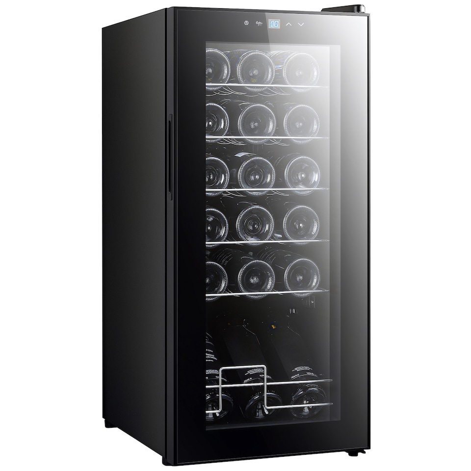image 1 of HOMCOM 50L Wine Cooler, 18 Bottles, 5-18degree Freestanding Wine Fridge with Glass Door, LED Light, Temperature Control and Digital Touch Screen, Black