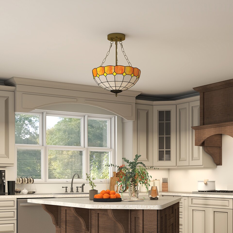image 1 of HOMCOM 40 cm Tiffany Style Ceiling Light, Vintage Stained Glass Chandelier with 3 E27 Sockets, Semi Flush Mount Pendant Light for Living Room, Bedroom, Hallway, Bulbs Not Included, Orange and White | Orange