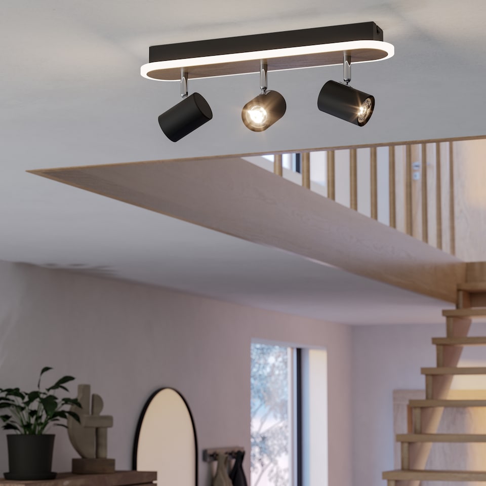 image 1 of EGLO Rimbocchi Natural Wood & Steel Modern 3 Light Spotlight