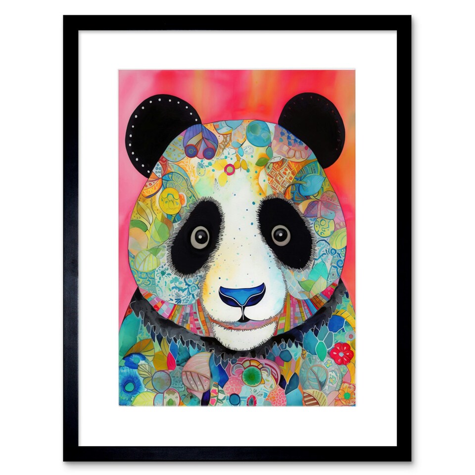 image 1 of Panda Spirit Animal Portrait Folk Art Watercolour Painting 9x7" Black Framed Wall Art Print