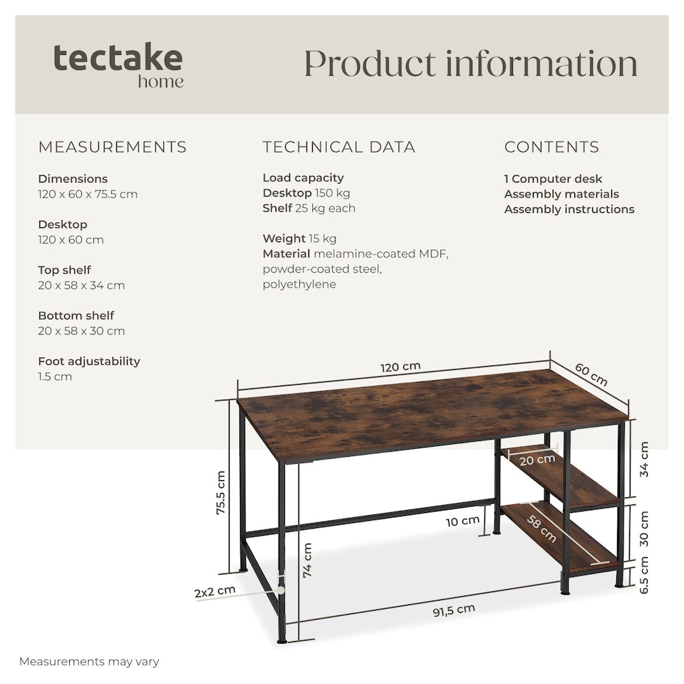 image 1 of Desk Canton - shelf with 2 storage compartments | Brown | Industrial wood dark, rustic | 120 x 60 x 75,50 cm | 1