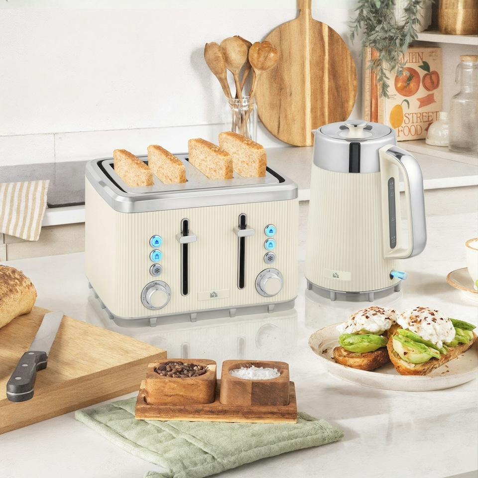 image 1 of HOMCOM 1.7L 3000W Rapid Boil Kettle and 4 Slice Toaster Set Crumb Tray Cream