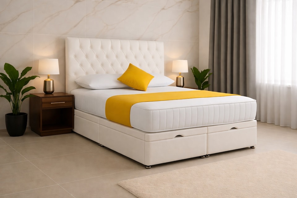image 1 of Ottoman Foot Lift White Plush Chesterfield 6ft Superking Bed Set with Headboard and Mattress