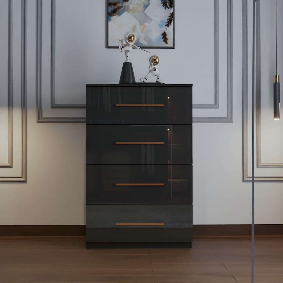 image 1 of High Gloss Chest Drawer Modern Bedroom Furniture Storage Cabinet with Handles-Black 4 Drawers
