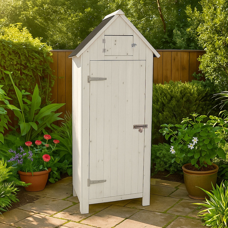 image 1 of JSH Bideford Tall 180cm Wooden Garden Storage Shed Unit with Pitched Roof - White