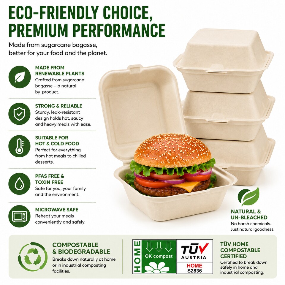 image 1 of Bagasse Sugarcane Burger Takeaway Boxes 6x6 Clamshell Containers, PFAS Free, TUV Home Compostable Certified Food Boxes for Hot & Cold Meals, Restaurants, Parties & Catering