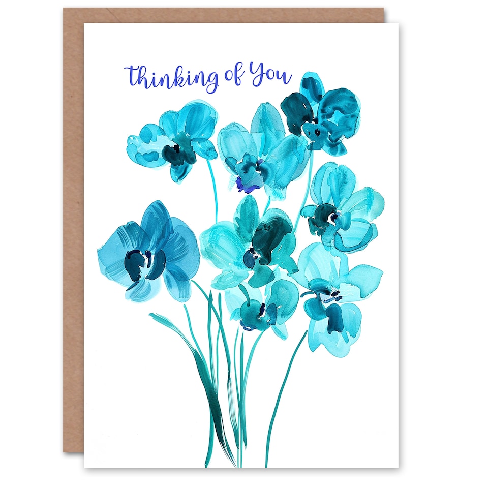 image 1 of Thinking Of You Orchid Flowers Blue Watercolour Sympathy Card