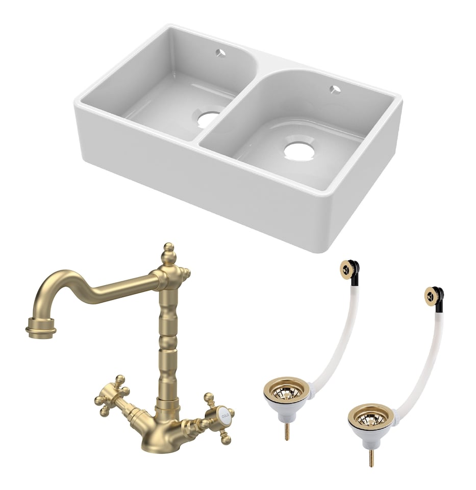image 1 of Balterley Fireclay Kitchen Bundle - 2 Bowl Full Weir Butler Sink with Wastes & French Classic Tap | White | White | 3