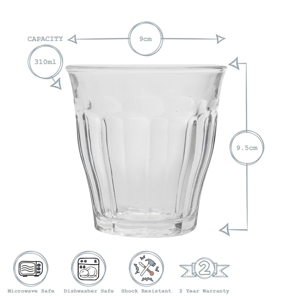 image 1 of Duralex Picardie Drinking Glasses - 310ml Tumblers for Water, Juice - Clear - Pack of 6 | Clear | Clear