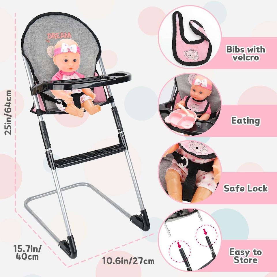 image 1 of Baby Doll Crib & Nursery Accessories Set – Doll Cot, High Chair, Bib & Carry Bag – Pretend Play Doll Furniture Gift for Kids Ages 3+