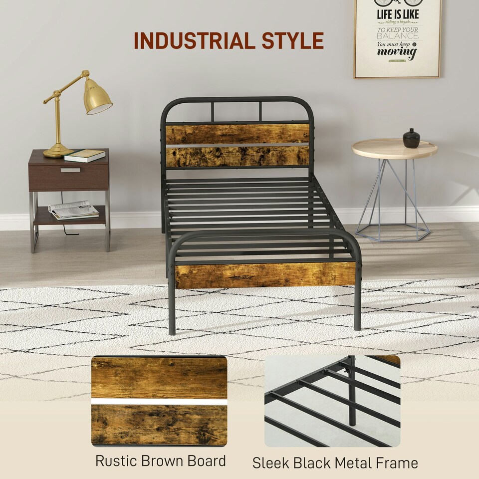 image 1 of HOMCOM Single Bed Frame with Headboard, No Box Spring Needed, Rustic Brown