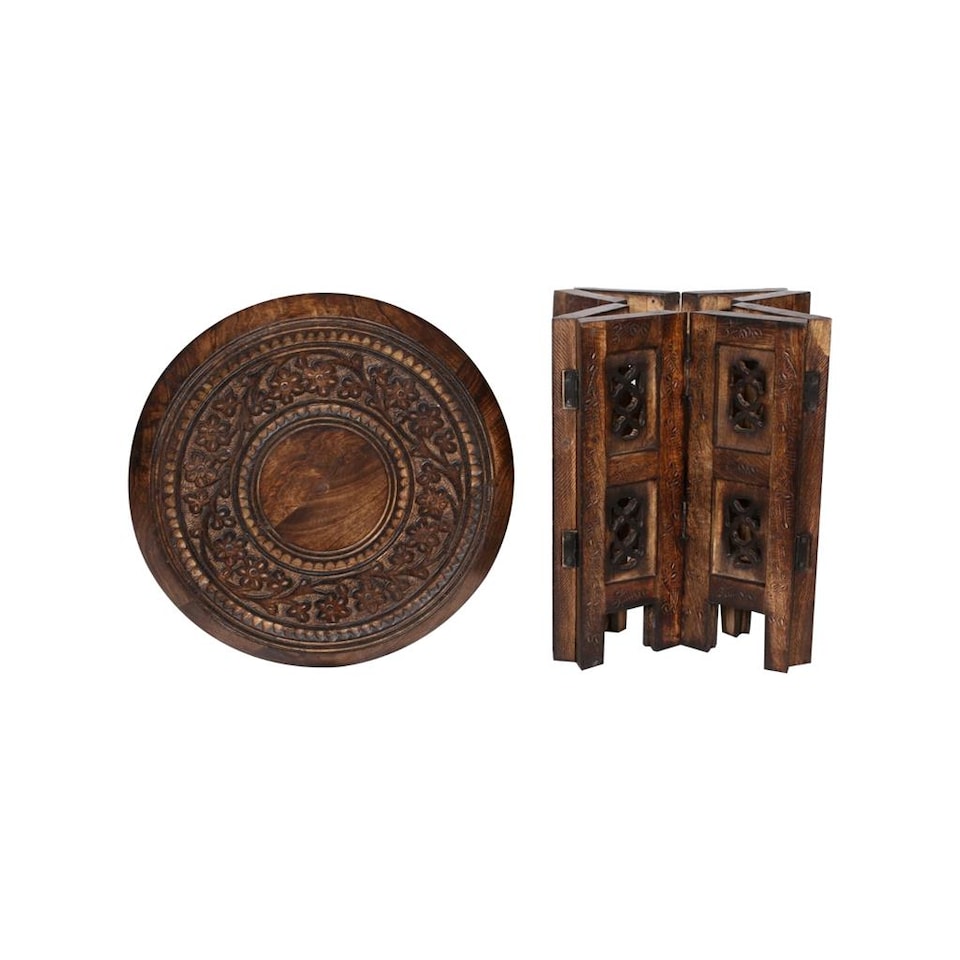 image 1 of Antique Effect Round Carved Wooden Bedside Lamp Table Side End Coffee Table Medium 38 x 38 x 38 cm
