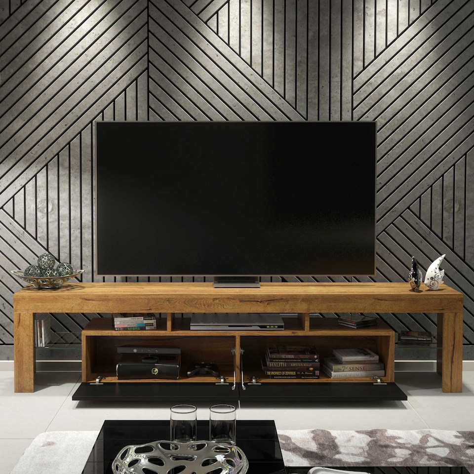 image 1 of TV Unit TV Stand Oak Black Media Console Sideboard Storage Cabinet 200cm