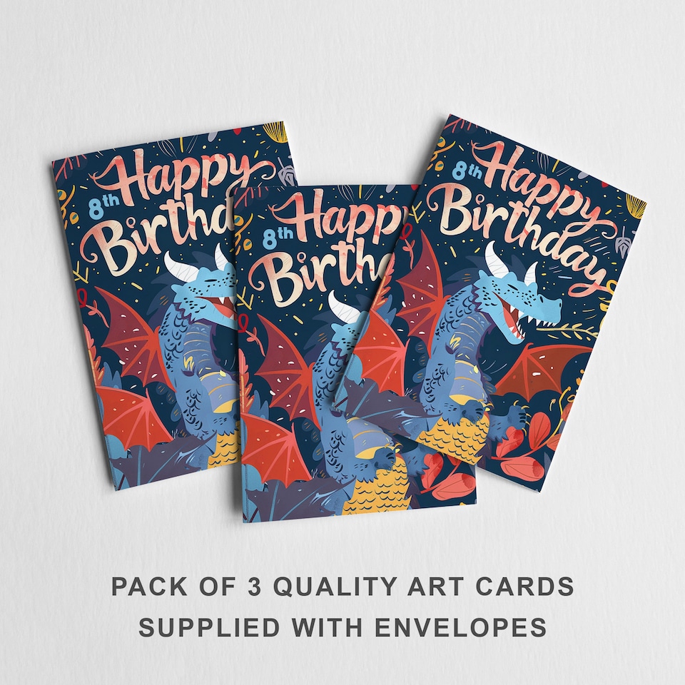 image 1 of Happy Dragon 8th Birthday Card Fun Cartoon Set of 3 Greeting Cards Blank Inside