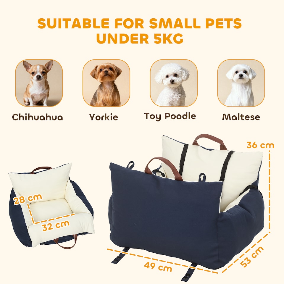 image 1 of PawHut Dog Car Seat, Cosy Pet Car Booster Seat for Small Dog Under 5 KG, Portable Travel Bed with Safety Tether, Detachable and Washable, Navy Blue