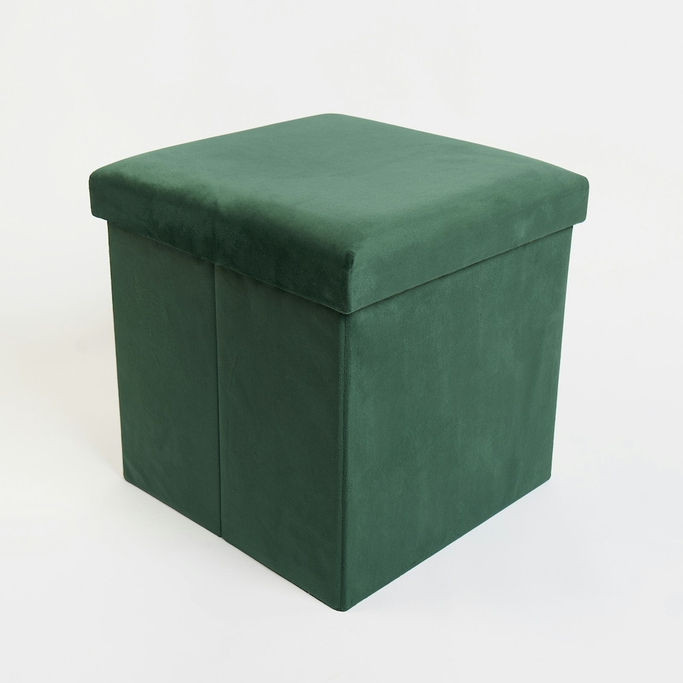 image 1 of OHS Matte Velvet Soft Foldable Cube Footstool Seat Storage Organiser Ottoman | Green | Forest Green