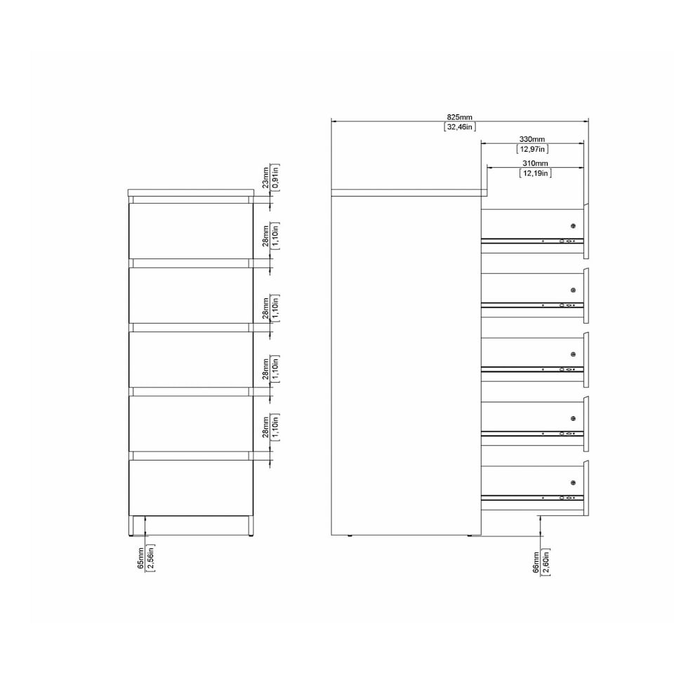 image 1 of Naia Narrow Chest of 5 Drawers in Concrete and White High Gloss