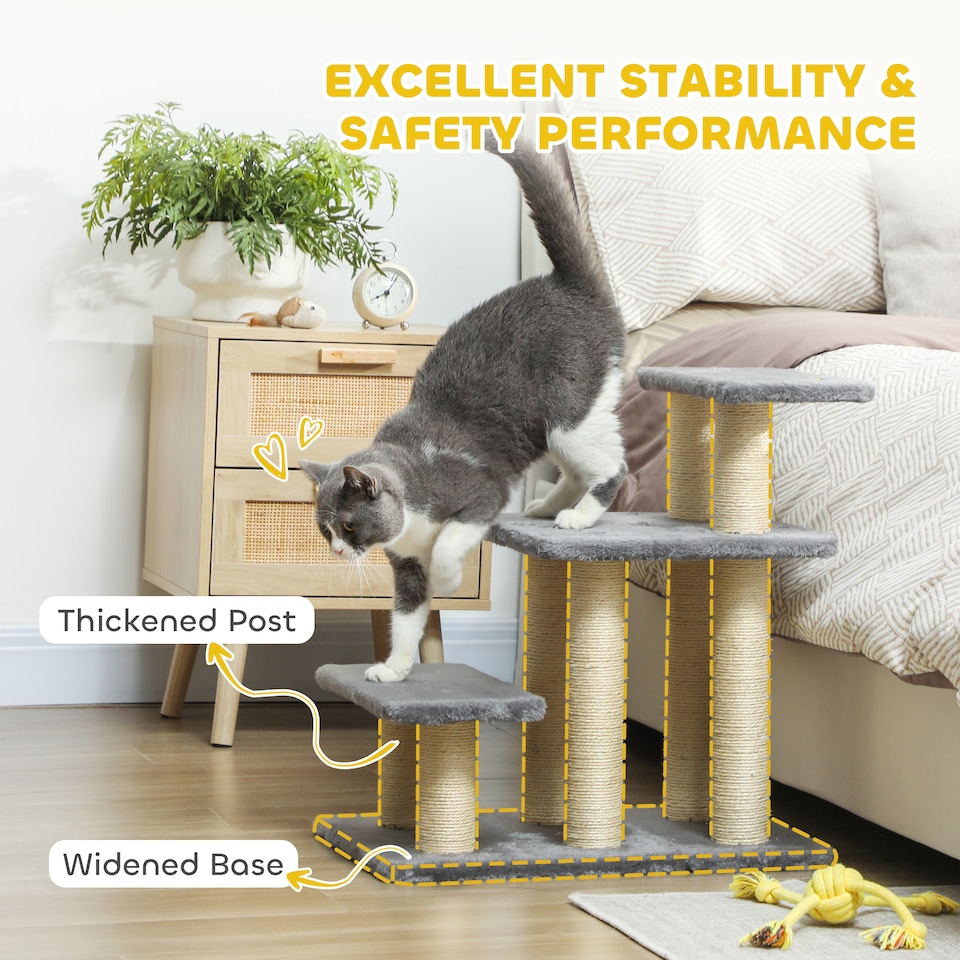 image 1 of PawHut 3 Step Pet Stairs with 6 Sisal Scratching Posts, Grey
