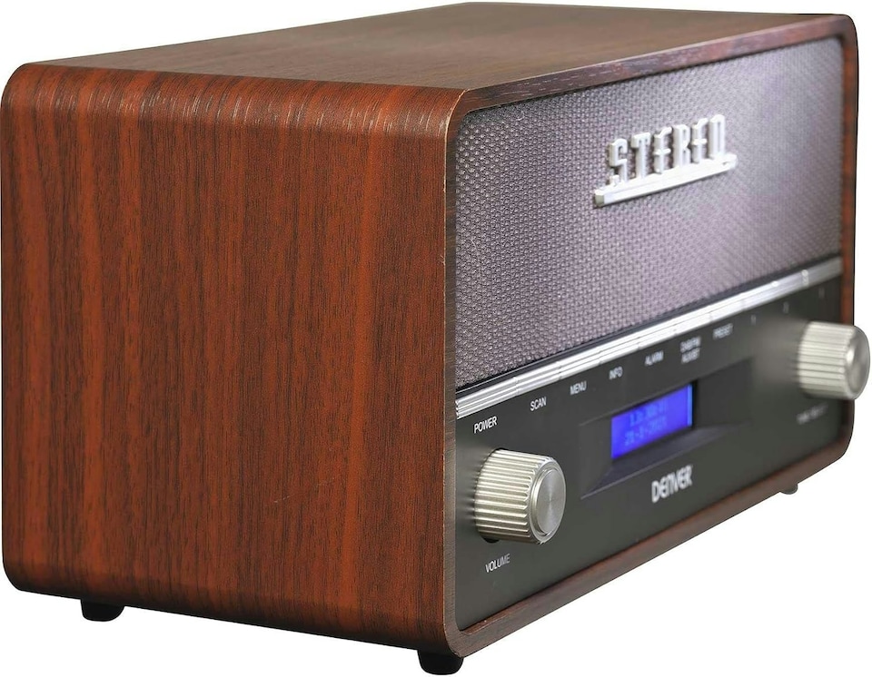 image 1 of Large Vintage Style DAB/DAB+ & FM Radio – Bluetooth – High Contrast Large Screen - AUX In – Clock & Dual Alarm – Dark Wood Cabinet – 2x5W – Mains or Battery