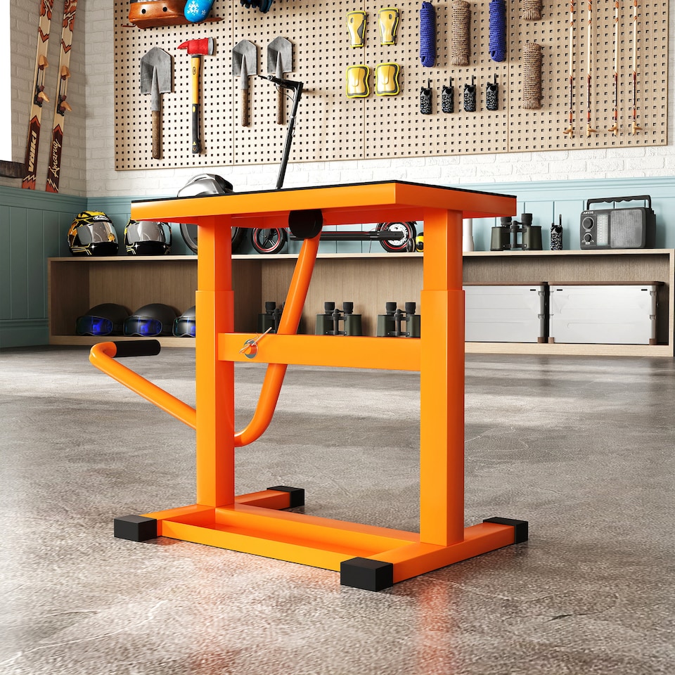 image 1 of DURHAND 150KG Steel Motorcycle Lift Rubber Platform, Crank Lift Manual Repair Clean Hoist Table Assist Off-Road Dirt Bike Stand, 27.5/39.5H cm, Orange