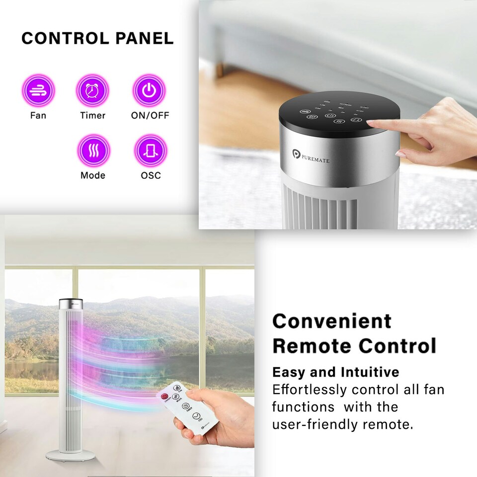 image 1 of PureMate 40-inch Oscillating Tower Fan with Timer, Sleep Mode and Remote Control
