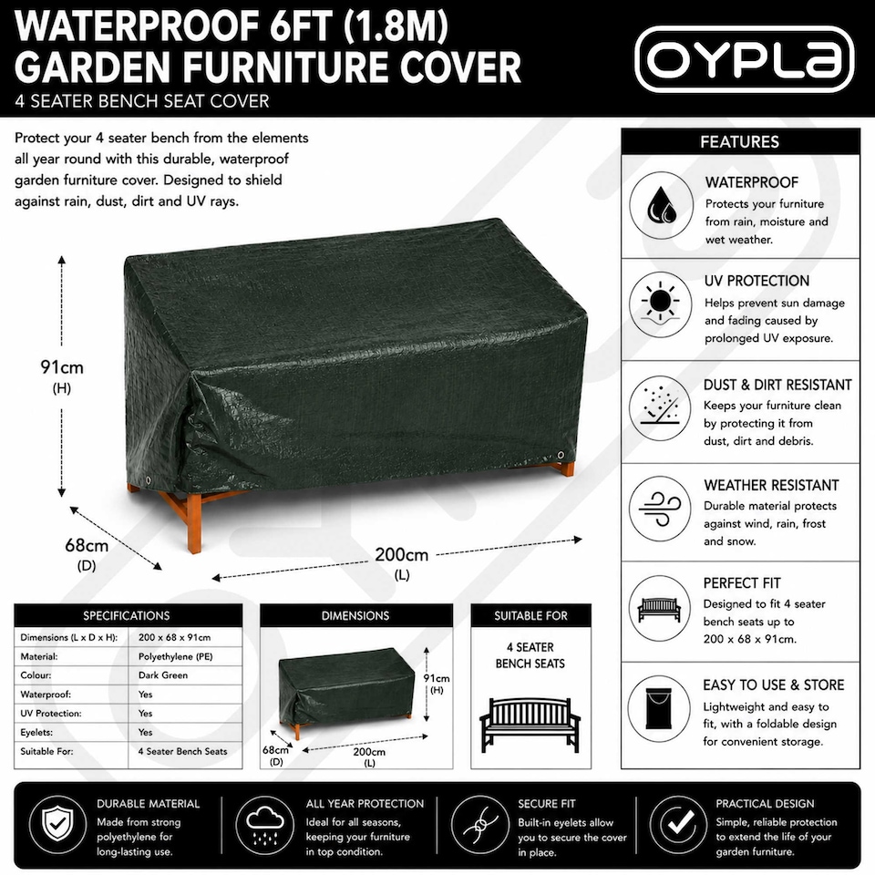 image 1 of Waterproof 6ft 1.8m Garden Furniture 4 Seater Bench Seat Cover | Green