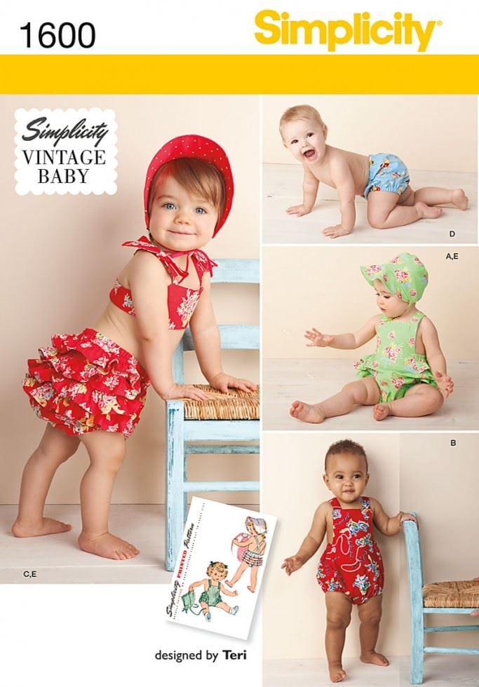 Simplicity 1600 Paper Sewing Pattern â Baby Swimwear, Headwear, Jumpsuits, Shorts & Vintage Style, Sizes XXSâXSâSâMâL, Intermediate