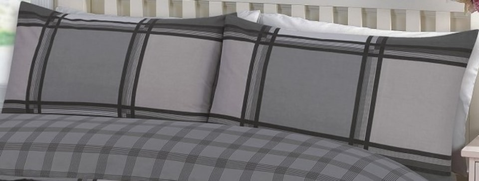 image 1 of Homes Linen Duvet Cover Set Luxury Blocks Black Logan Easy Care Reversible Check Printed Duvet Cover Set | Black | King