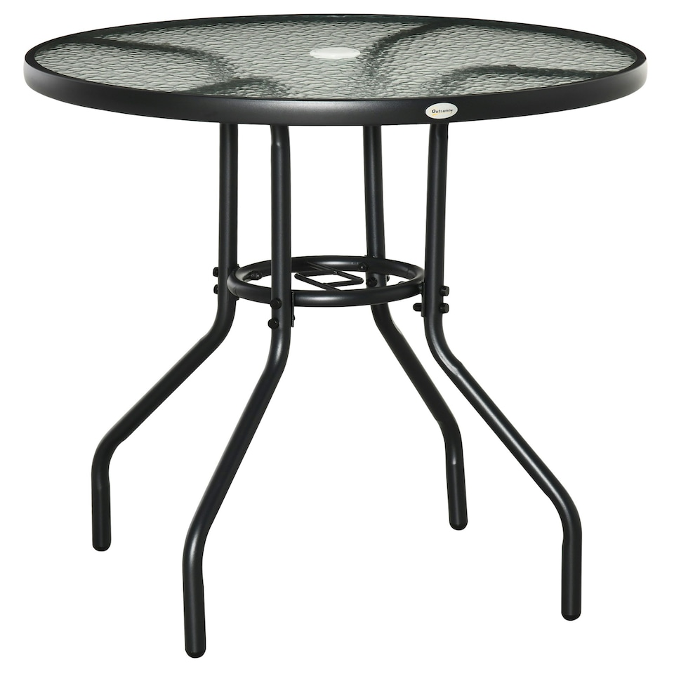 image 1 of Outsunny Outdoor Round Dining Table Tempered Glass Top with Parasol Hole
