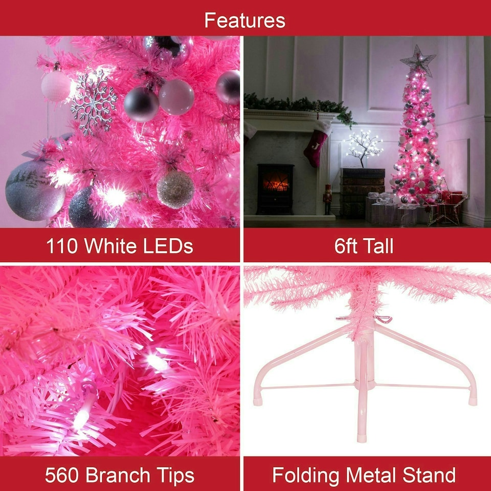 image 1 of 6ft Pink Pre-Lit Slim Line Christmas Tree | Pink | 6ft