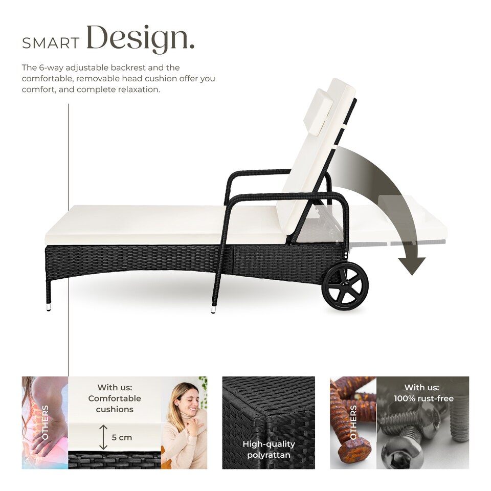 image 1 of Sun Lounger - 6-position backrest, weather and UV-resistant, soft pillow, two wheels | Black | black/beige | 1