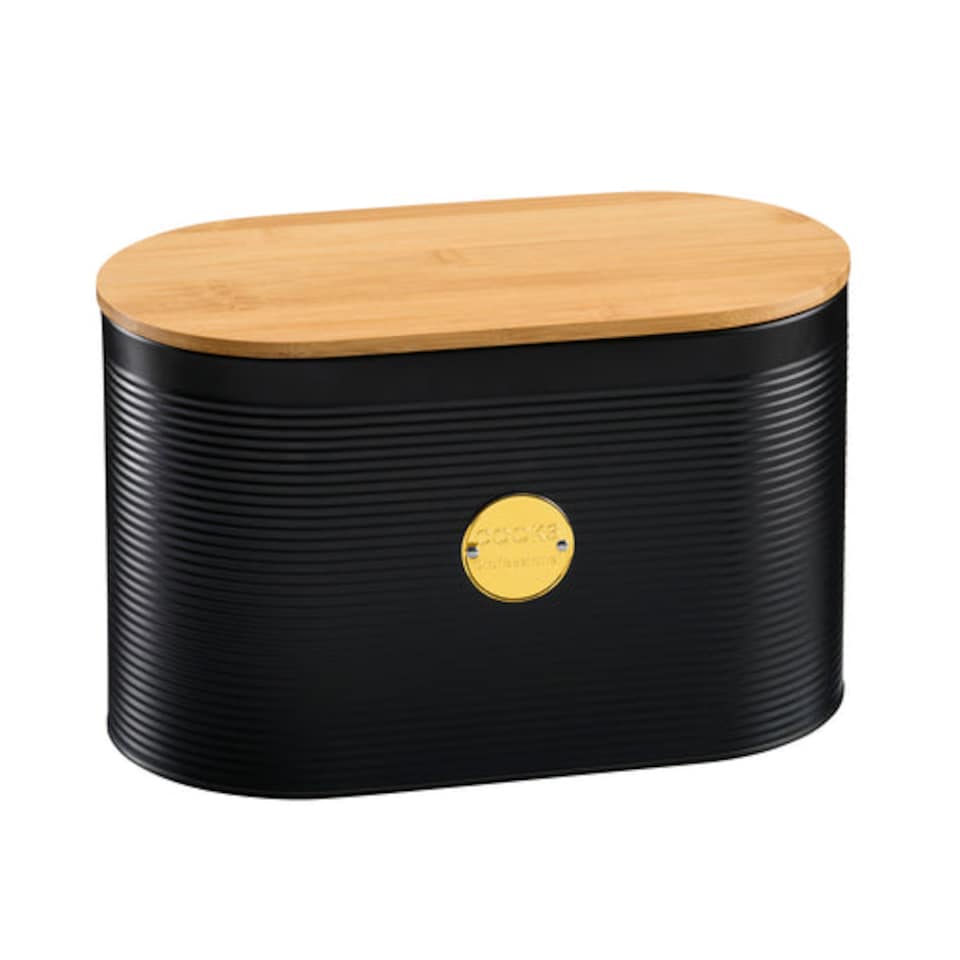 image 1 of Cooks Professional Ribbed Bread Bin, Linen Bag & Bamboo Board Set with Gold Label | Black | Black & Gold | 1