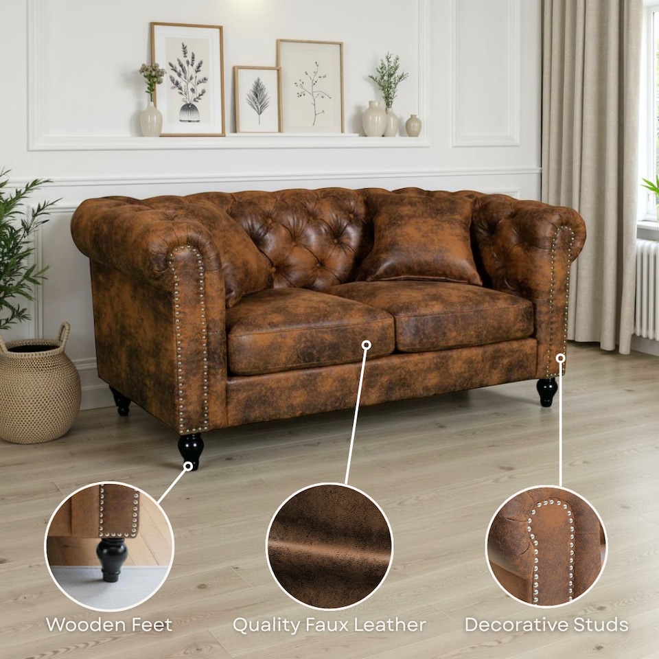 Faux Leather Suede Brown 2 Seater Chesterfield Sofa With Wooden Feet ...