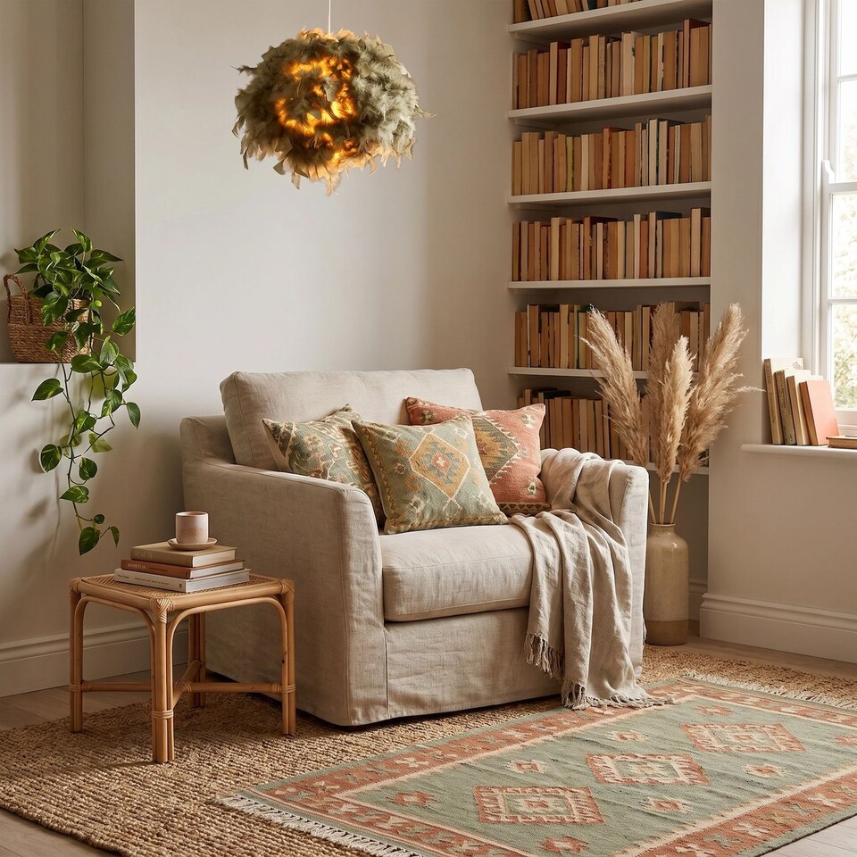 image 1 of Eye-Catching and Modern Olive Green Feather Decorated Pendant Shade