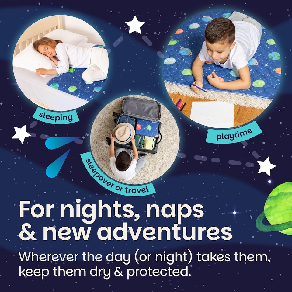 image 1 of Lynmark® Toddler Potty Training Bed Pads with Tucks, Absorbs Up to 1200ml, 90x85cm (Tucks 85x45cm) Astronaut | Blue | Astronaut | 1