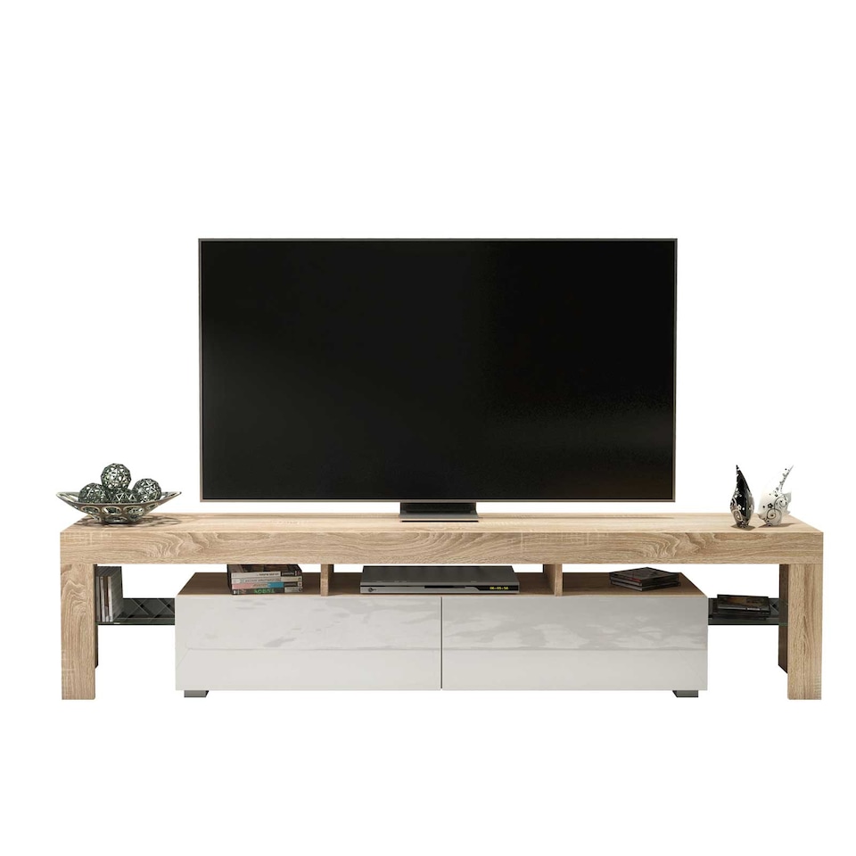 image 1 of TV Stand TV Unit Cabinet Sideboard Media Cabinet Storage Oak White High Gloss 200cm