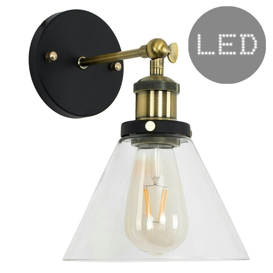 image 1 of ValueLights Norton Black and Gold Wall Light Fitting with a Clear Glass Conical Shade and LED Bulb