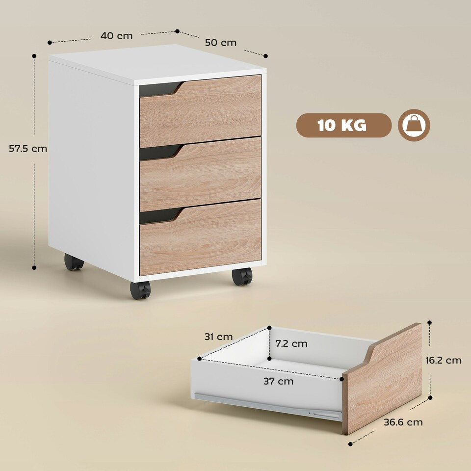 image 1 of MDF Mobile File Cabinet w/ 3 Drawers Locking Wheels Metal Rails Oak Tone White