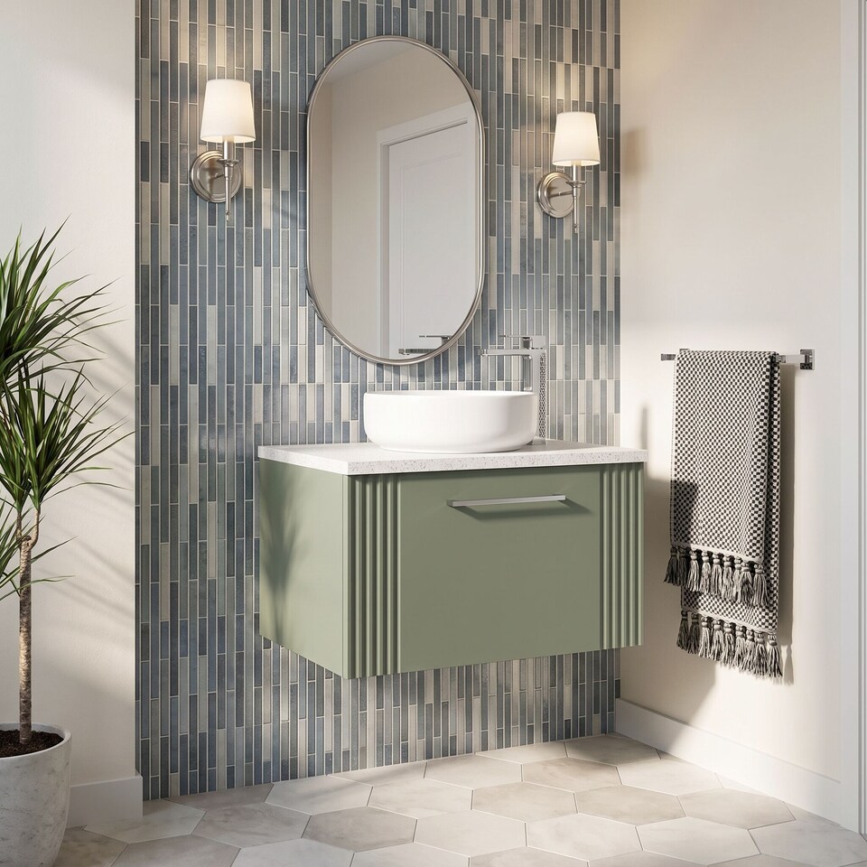 image 1 of Balterley Partial Fluted 1 Drawer Wall Hung Vanity Unit with Sparkling Laminate Worktop | Green | Satin Green