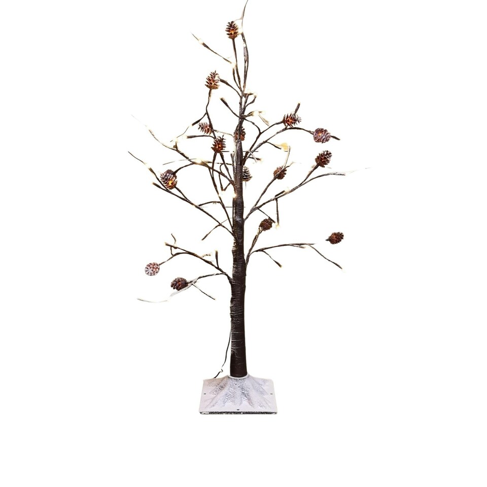 image 1 of 3ft Snowy Brown Twig Outdoor Christmas Tree with Pine Cones & 64 Warm White LEDs