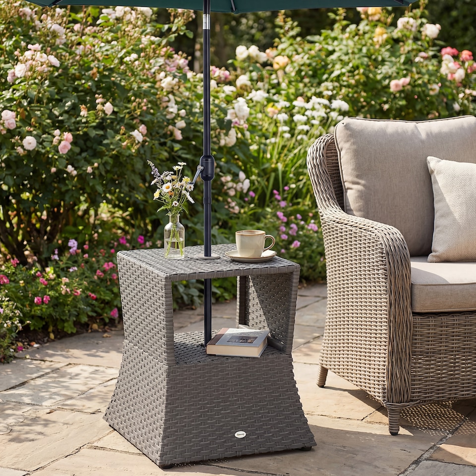 image 1 of Outsunny Rattan Wicker Tea Coffee Table w/ Umbrella Hole Dark Grey | Grey | Dark Grey | 54 x 54 x 55 cm