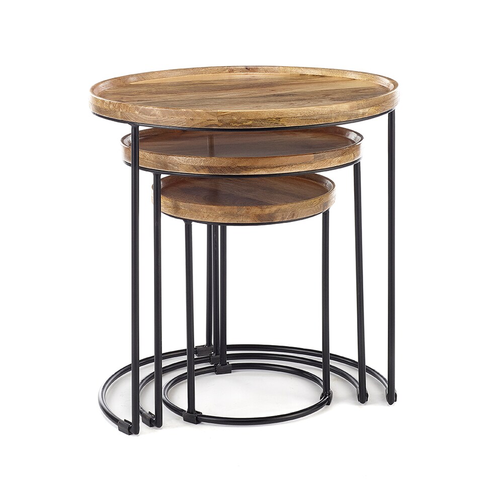 image 1 of Round Nest Of Three 3 Tables End Lamp Light Solid Mango Wood Black Metal Frame 57cm H x 54cm W x 54cm D