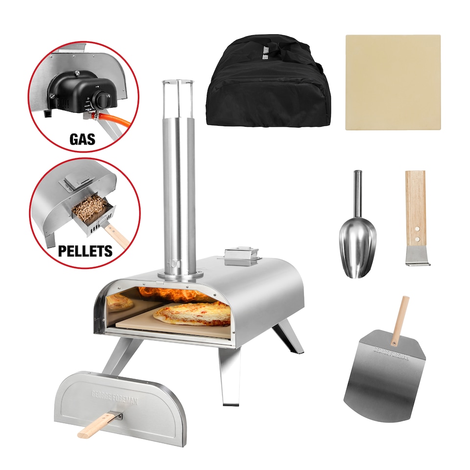 image 1 of George Foreman GFWPPO2SSPC Pizza Oven Stainless Steel 16" Wood Pellet with Paddle & Carry Bag